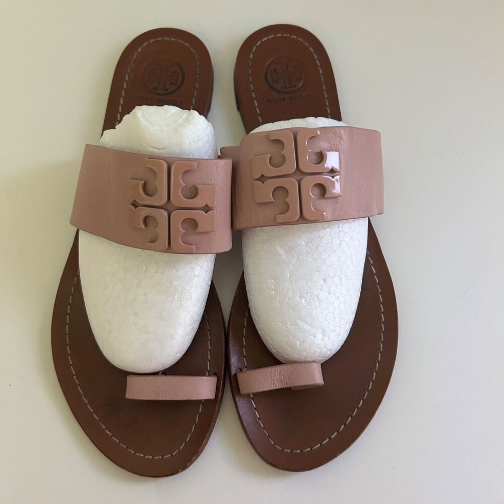 Tory Burch Sandals Ines Slide Womens Size 8M Shell Pink Leather Double T Logo
